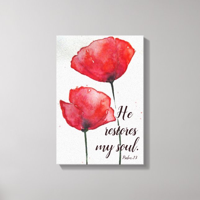 Psalm 23:3 He restores my soul, Bible Verse Floral Canvas Print (Front)