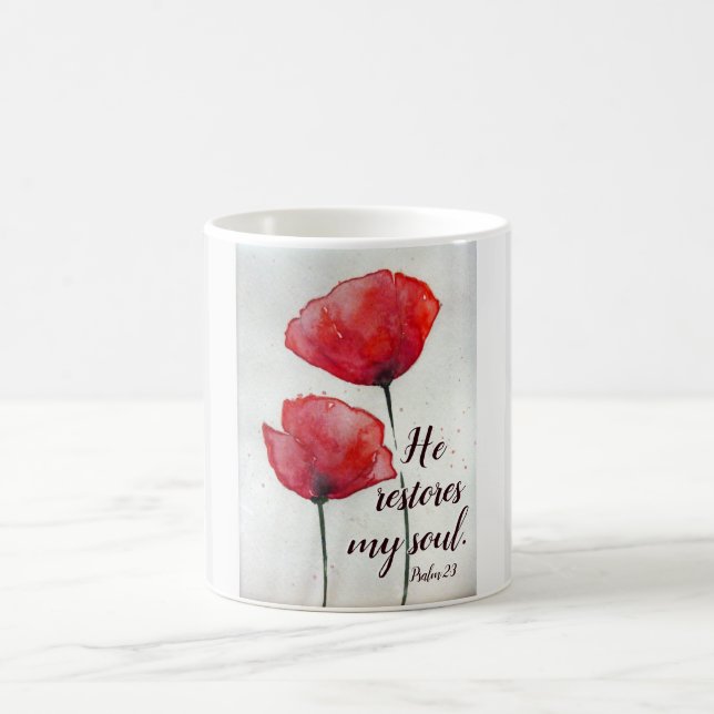 Psalm 23:3 He restores my soul, Bible Verse Floral Coffee Mug (Center)