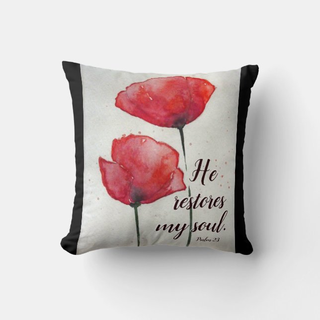 Psalm 23:3 He restores my soul, Bible Verse Floral Cushion (Front)
