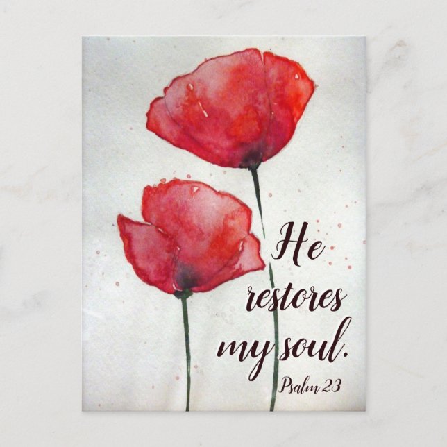 Psalm 23:3 He restores my soul, Bible Verse Floral Postcard (Front)