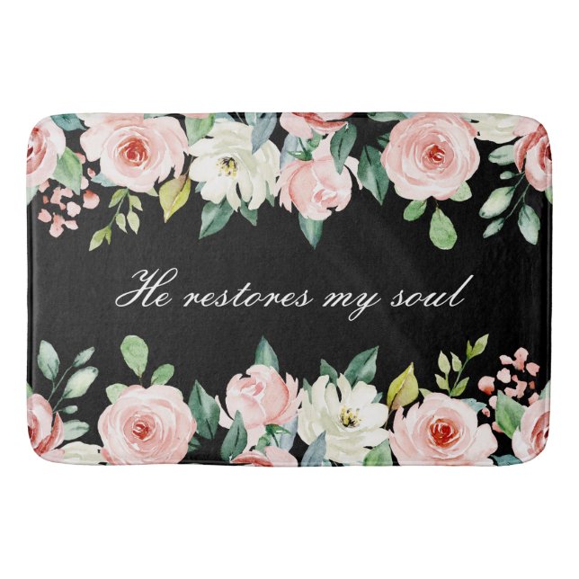 Psalm 23:3 He Restores my Soul Bible Verse & Roses Bath Mat (Front)