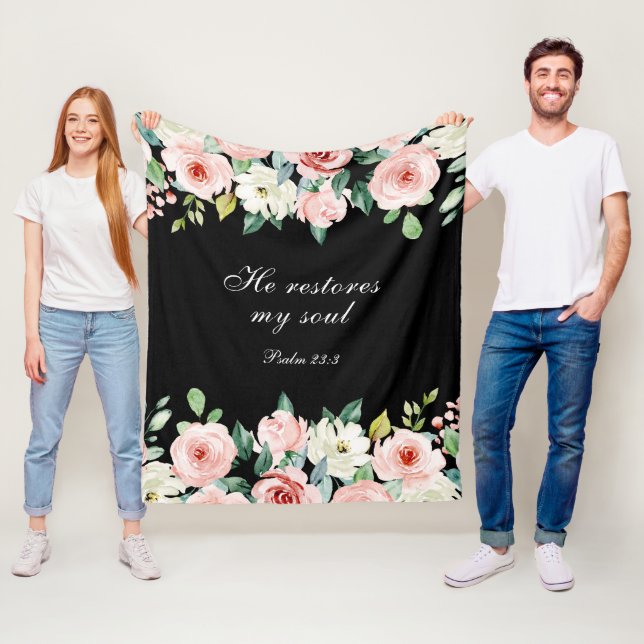 Psalm 23:3 He Restores my Soul Bible Verse & Roses Fleece Blanket (In Situ)