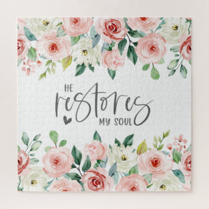 Psalm 23:3 He Restores my Soul Bible Verse & Roses Jigsaw Puzzle