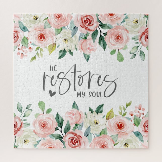 Psalm 23:3 He Restores my Soul Bible Verse & Roses Jigsaw Puzzle (Vertical)