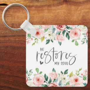 Psalm 23:3 He Restores my Soul Bible Verse & Roses Key Ring