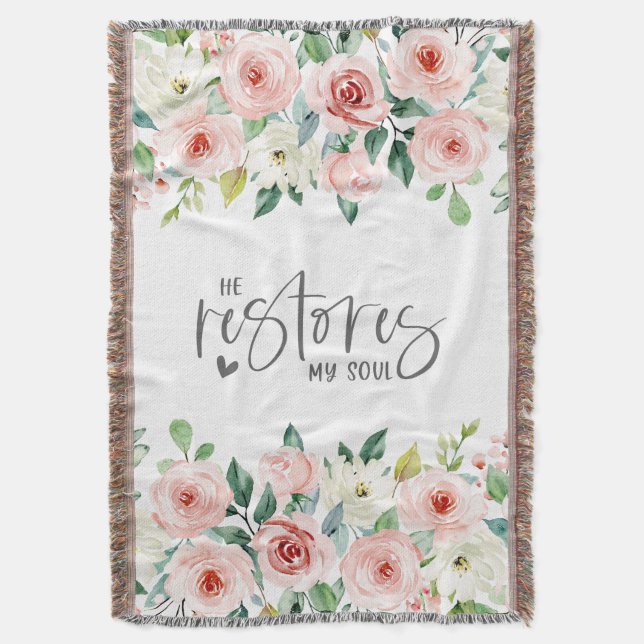 Psalm 23:3 He Restores my Soul Bible Verse & Roses Throw Blanket (Front Vertical)