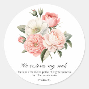 Psalm 23:3 He Restores my Soul Flowers Classic Round Sticker