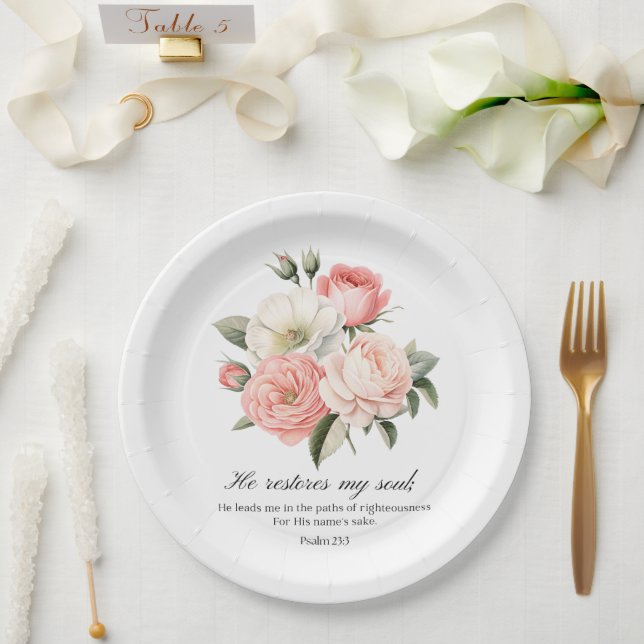 Psalm 23:3 He Restores my Soul Flowers Paper Plate (Wedding)