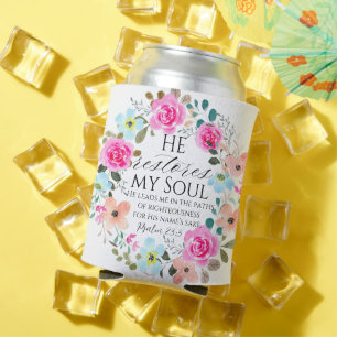 Psalm 23:3 - He restores my soul Pink Floral Bible Can Cooler