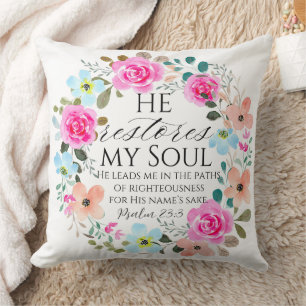 Psalm 23:3 - He restores my soul Pink Floral Bible Cushion
