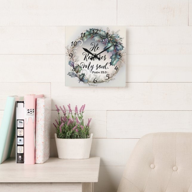Psalm 23:3  square wall clock (Reading Room)