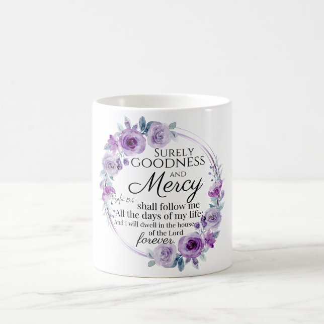 Psalm 23:6 Inspirational Bible Verse Purple Floral Coffee Mug (Center)