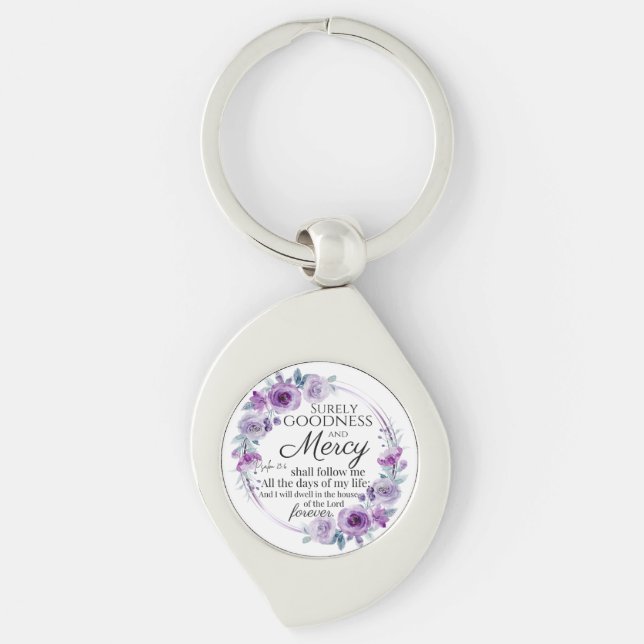 Psalm 23:6 Inspirational Bible Verse Purple Floral Key Ring (Front)