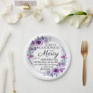 Psalm 23:6 Inspirational Bible Verse Purple Floral Paper Plate