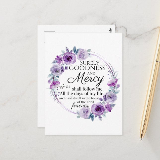 Psalm 23:6 Inspirational Bible Verse Purple Floral Postcard (Front/Back In Situ)