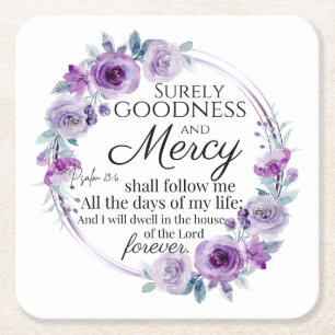 Psalm 23:6 Inspirational Bible Verse Purple Floral Square Paper Coaster