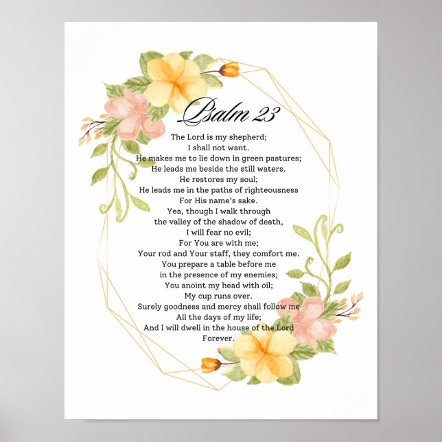 Psalm 23 Bible Scripture Yellow Floral Frame Poster (Front)
