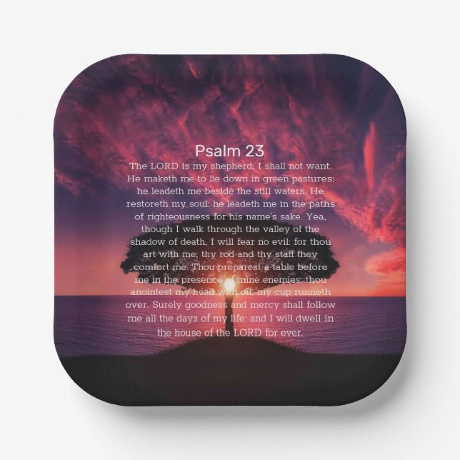 Psalm 23 Bible Sunset Silhouette Tree Paper Plate (Front)
