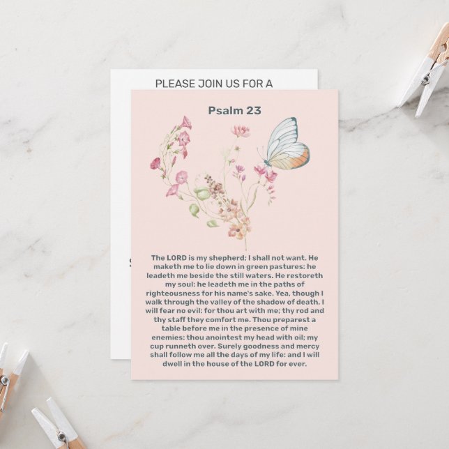 Psalm 23 Pink Floral butterfly Celebration Life  Invitation (Front/Back In Situ)