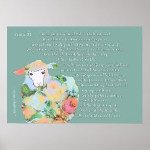 Psalm 23, sheep on green background poster