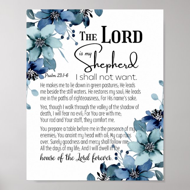 Psalm 23 The Lord is my Shepherd Blue Flowers Poster (Front)