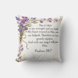 Psalm 28:7 Bible Verse, Purple Lavender Floral Art Cushion