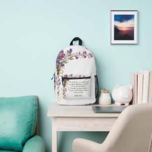 Psalm 28:7 Bible Verse, Purple Lavender Floral Art Printed Backpack