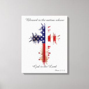Psalm 33:12 American Flag Cross Canvas Print