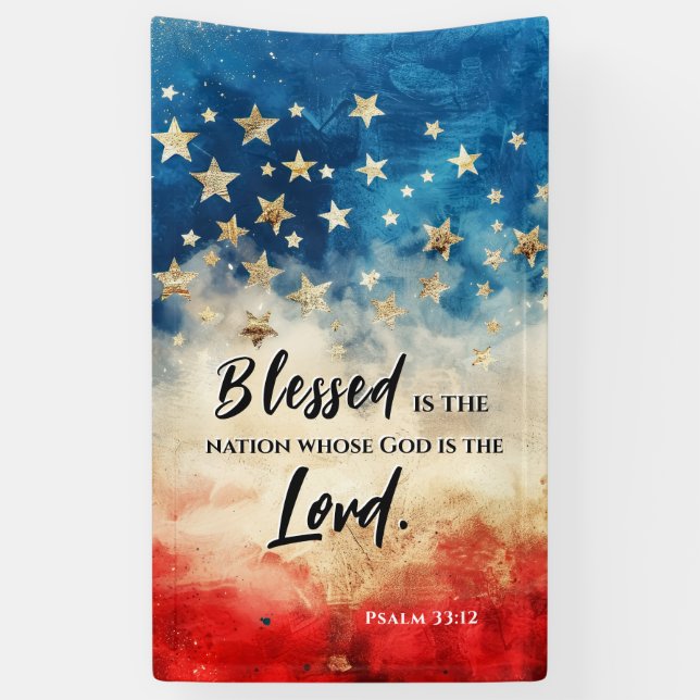 Psalm 33:12 Blessed is the Nation USA Flag Bible Banner (Vertical)