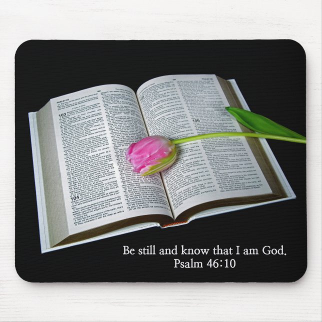 Psalm 46:10 Pink Tulip On Bible Mouse Mat (Front)