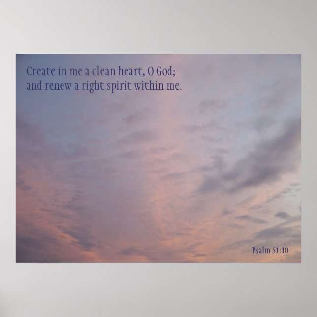 Psalm 51:10 Poster Pink Clouds on Blue Sky (Front)