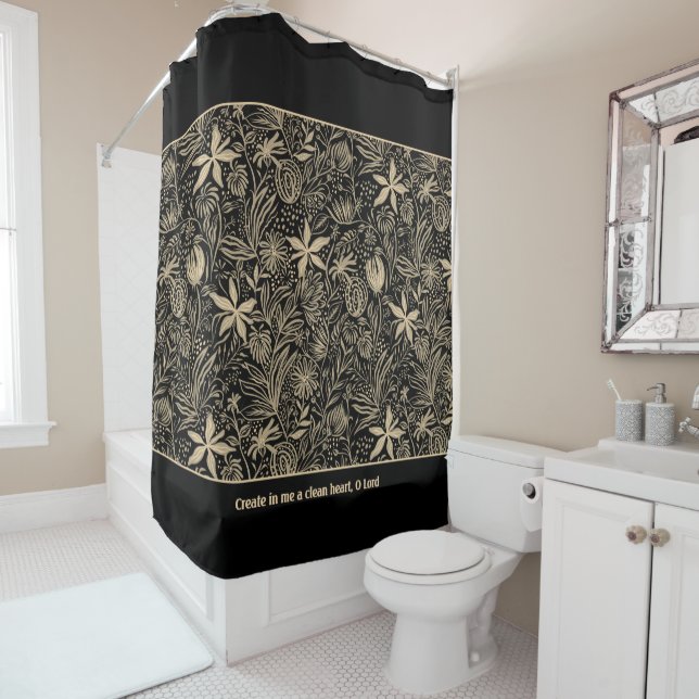 Psalm 51 Customisable Pale Gold Floral Black Shower Curtain (In Situ)