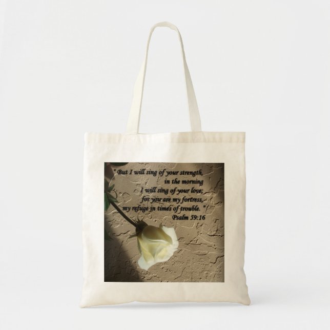 Psalm 59:16 White Rose Tote Bag (Front)