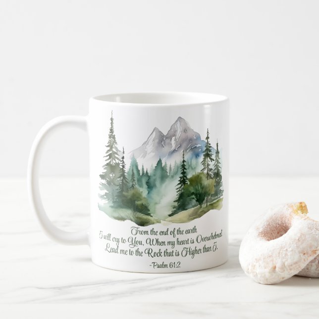 Psalm 61:2 Lead me to the Rock Scripture Mountain Coffee Mug (With Donut)