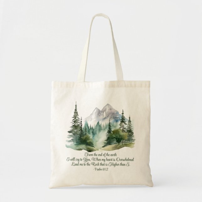Psalm 61:2 Lead me to the Rock Scripture Mountain Tote Bag (Front)