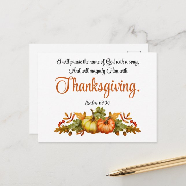 Psalm 69:30 Thanksgiving Scripture Pumpkin Autumn Holiday Postcard (Front/Back In Situ)