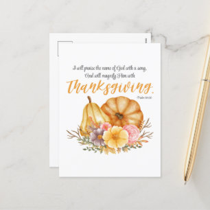 Psalm 69:30 Thanksgiving Verse Pumpkin Fall Flower Holiday Postcard