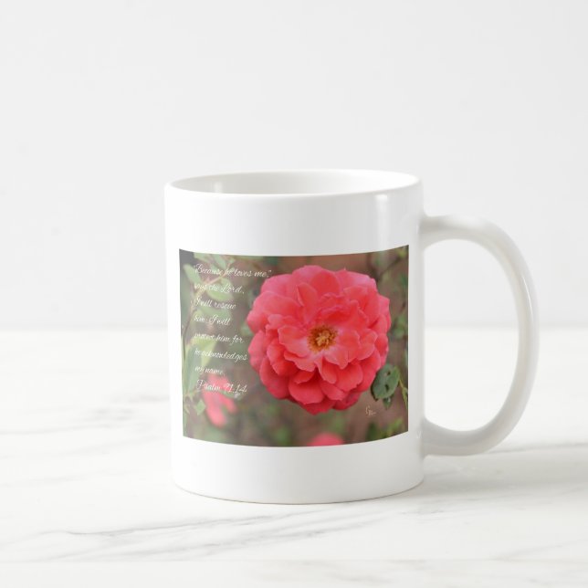 Psalm 91:14 Peachy Pink Rose Coffee Mug (Right)