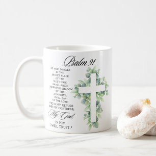 Psalm 91:1-2 Religious Cross Greenery Bible Verse Coffee Mug