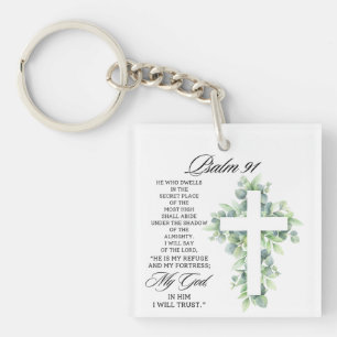 Psalm 91:1-2 Religious Cross Greenery Bible Verse Key Ring