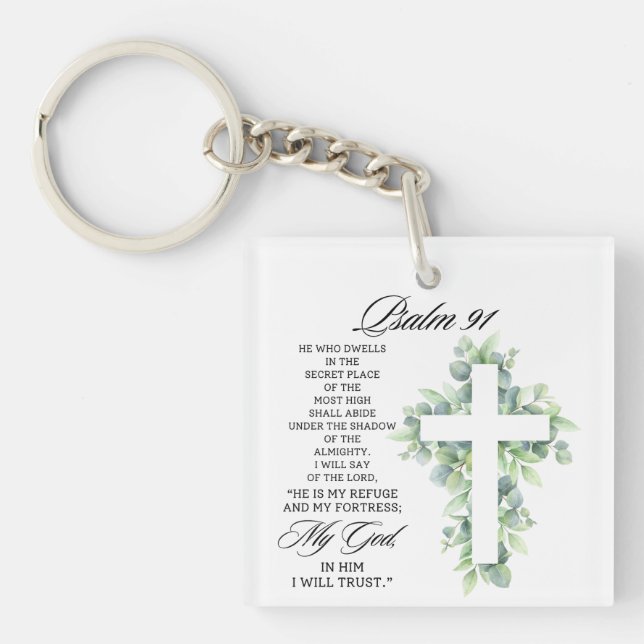Psalm 91:1-2 Religious Cross Greenery Bible Verse Key Ring (Front)