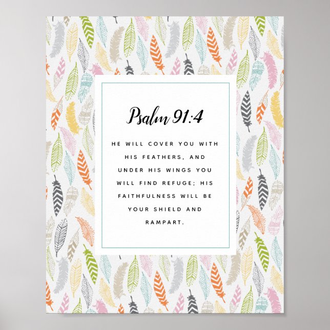 Psalm 91:4 Scripture and Feather Design Art Print (Front)