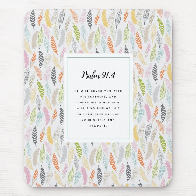 Psalm 91:4 Scripture and Feather Design Art Print Mouse Mat (Front)