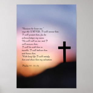 Psalm 91 black cross on the hill and sunset poster