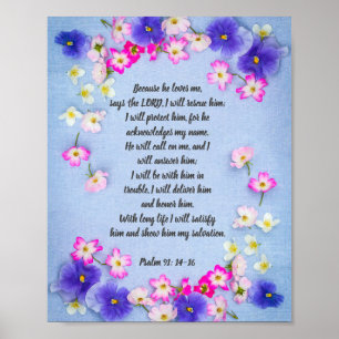 Psalm 91 on blue fabric with flowers, poster