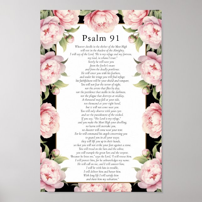 Psalm 91 Scripture Bible Verse Floral Blush Black Poster (Front)