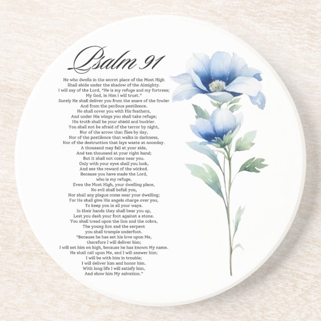 Psalm 91 Watercolor Blue Flower Bible Scriptures Coaster (Front)