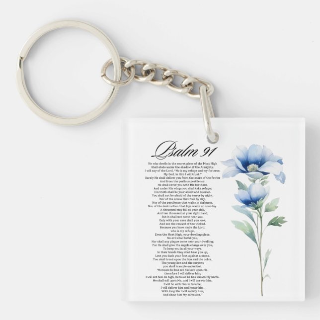 Psalm 91 Watercolor Blue Flower Bible Scriptures Key Ring (Front)