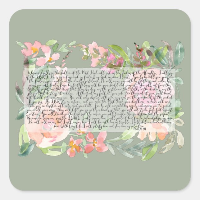 Psalm 91 watercolor scripture art square sticker (Front)