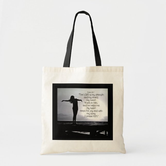 Psalm Lord is my Strength Bible Quote Black Grey T Tote Bag (Front)